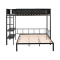 Metal Twin Over Full Bunk With Shelves & Grid Panel Sturdy Metal Bed Frame Noise Free Wood Slats Comfortable Textilene Guardrail Built In 2 Tier Shelves & Grid Panel Separated Full Size Bed Box Spring Not Required Black Metal Bedroom Bunk Steel