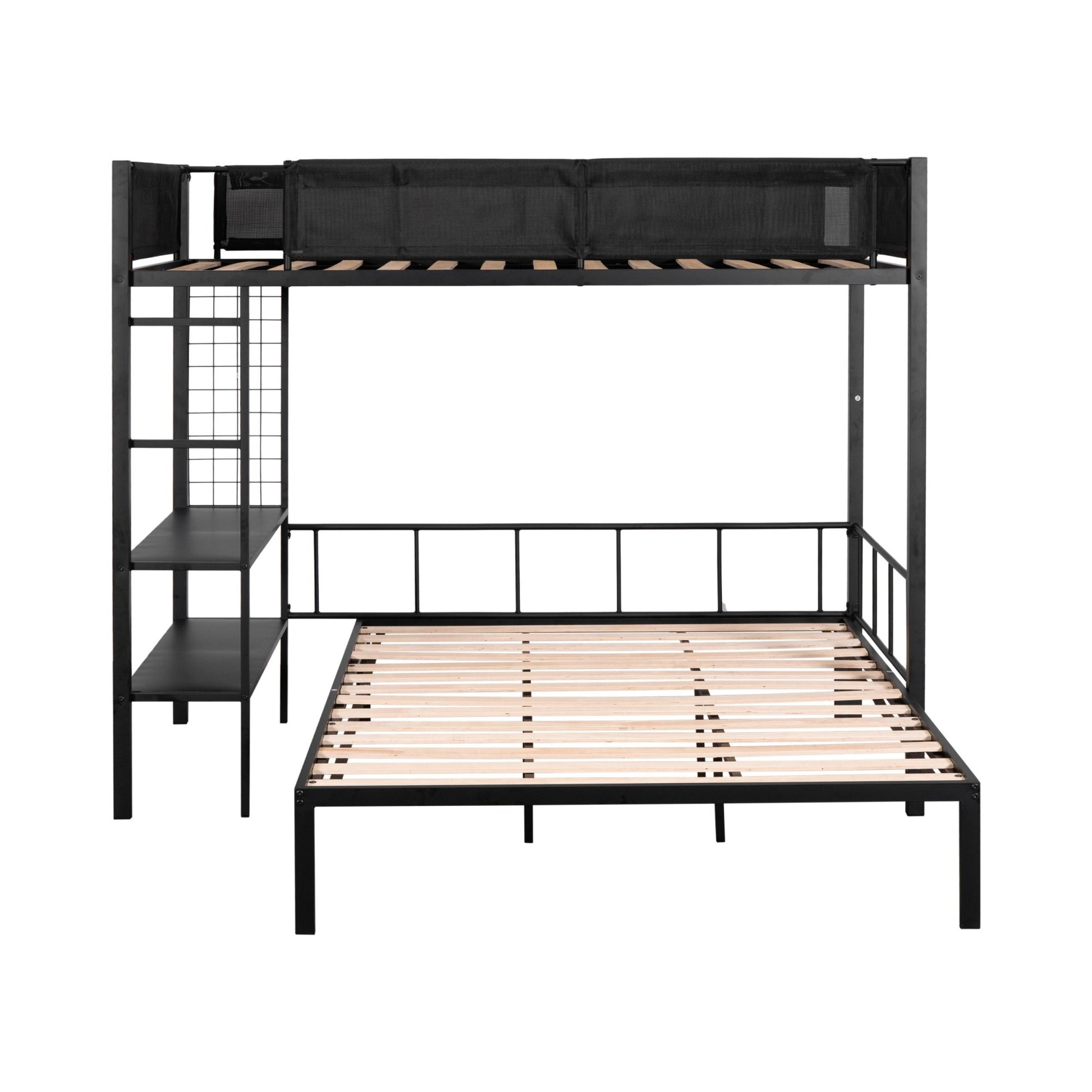 Metal Twin Over Full Bunk With Shelves & Grid Panel Sturdy Metal Bed Frame Noise Free Wood Slats Comfortable Textilene Guardrail Built In 2 Tier Shelves & Grid Panel Separated Full Size Bed Box Spring Not Required Black Metal Bedroom Bunk Steel