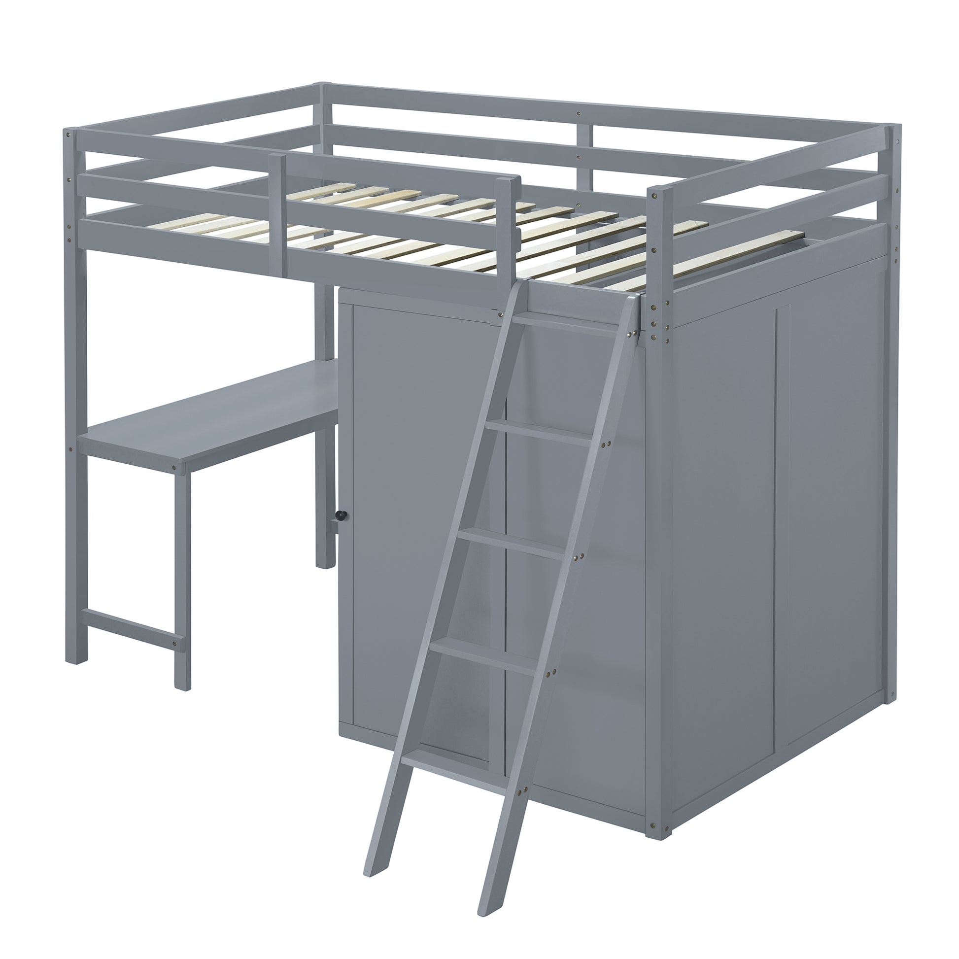 Twin Size Loft Bed With Wardrobe And Desk, Gray Twin Gray Rubber Wood