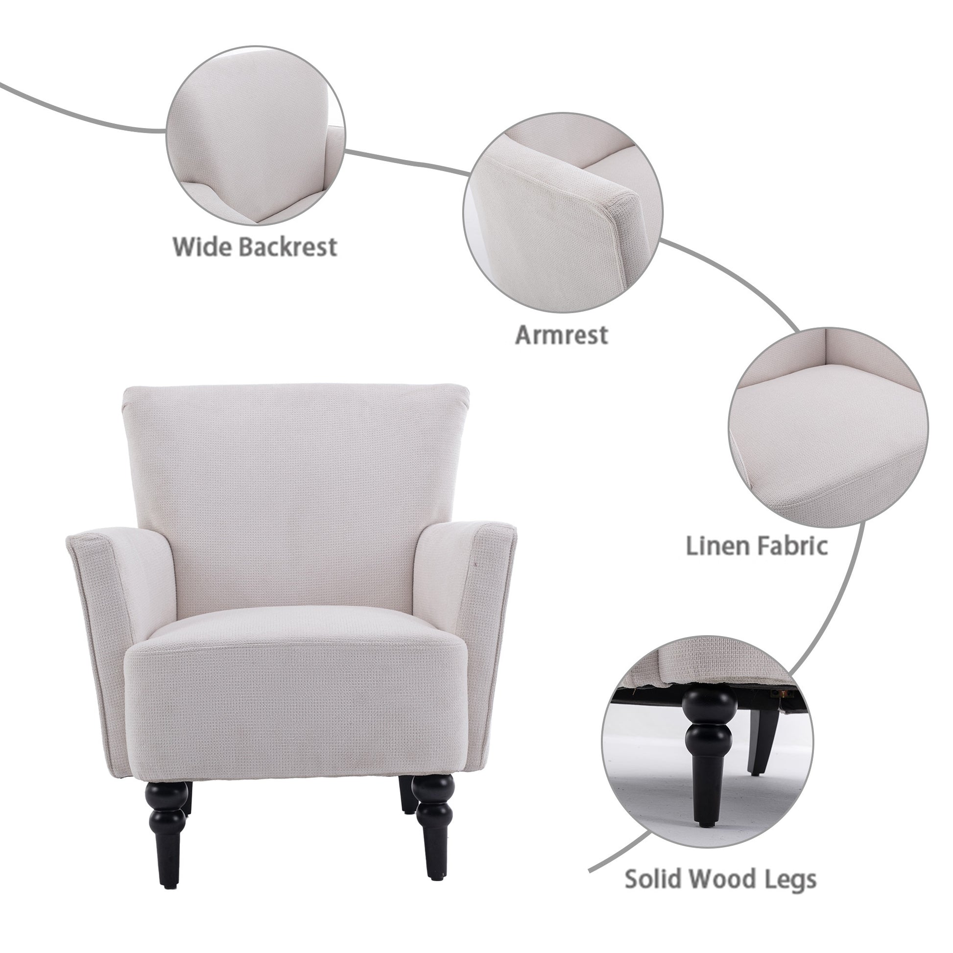 Armchair Modern Accent Sofa Chair With Linen Surface,Leisure Chair With Solid Wood Feet For Living Room Bedroom Studio,White White Upholstered Linen