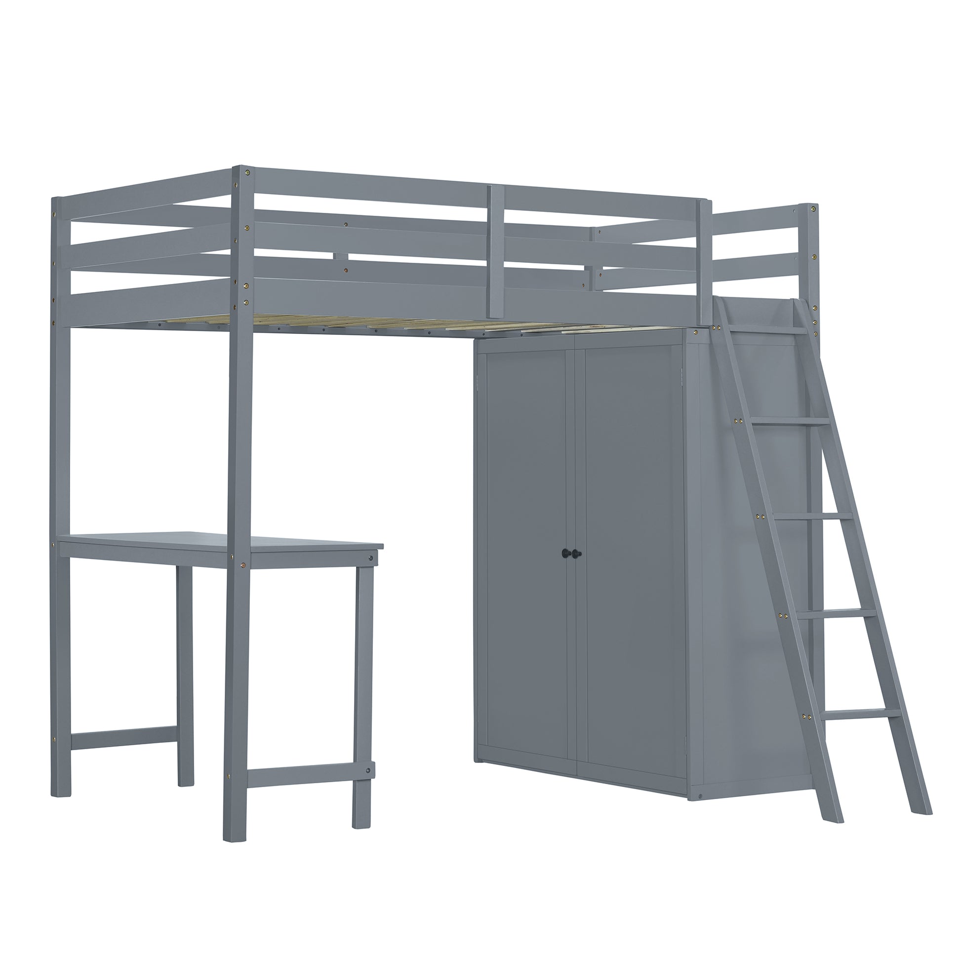 Twin Size Loft Bed With Wardrobe And Desk, Gray Twin Gray Rubber Wood