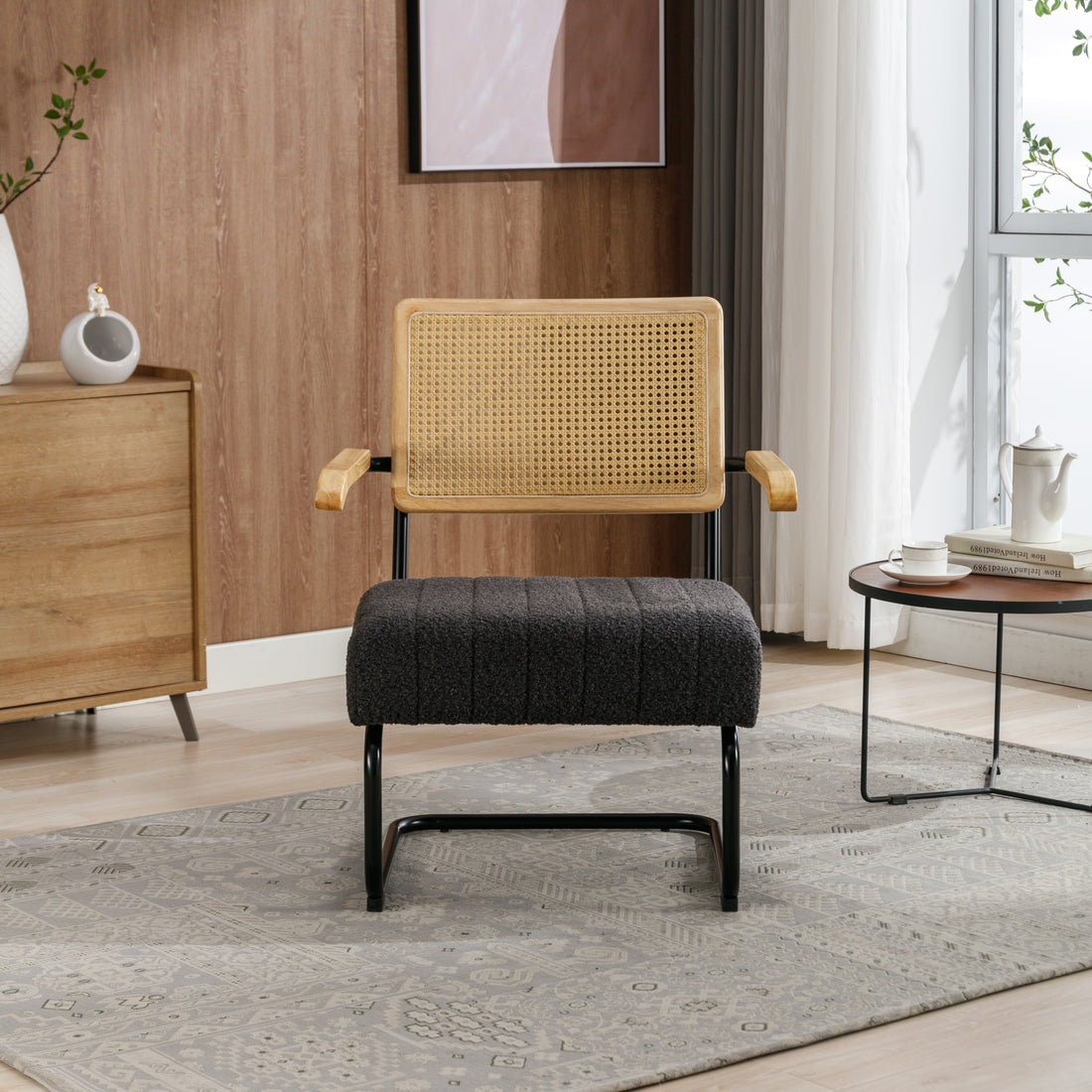 Coolmore Accent Chair Modern Industrial Slant Armchair With Metal Frame Premium High Density Soft Single Chair For Living Room Bedroom Carbon Black Boucle