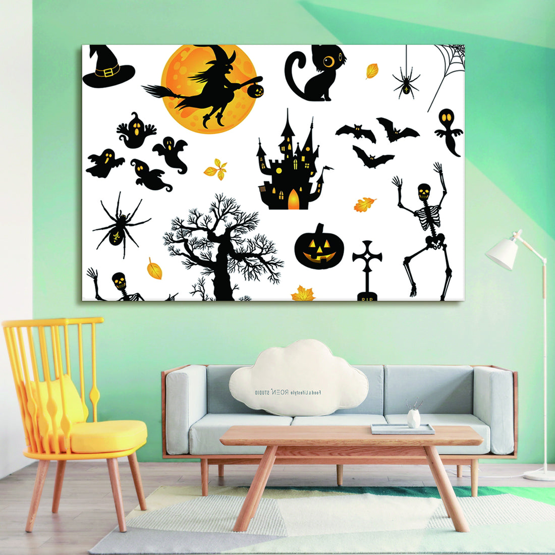 Drop Ping Framed Canvas Wall Art Decor Painting For Halloween, Halloween Scene Painting For Halloween Gift, Decoration For Halloween Living Room, Bedroom Decor Ready To Hang Rectangle Framed Multicolor Halloween Oversized 41In Canvas Cultures And