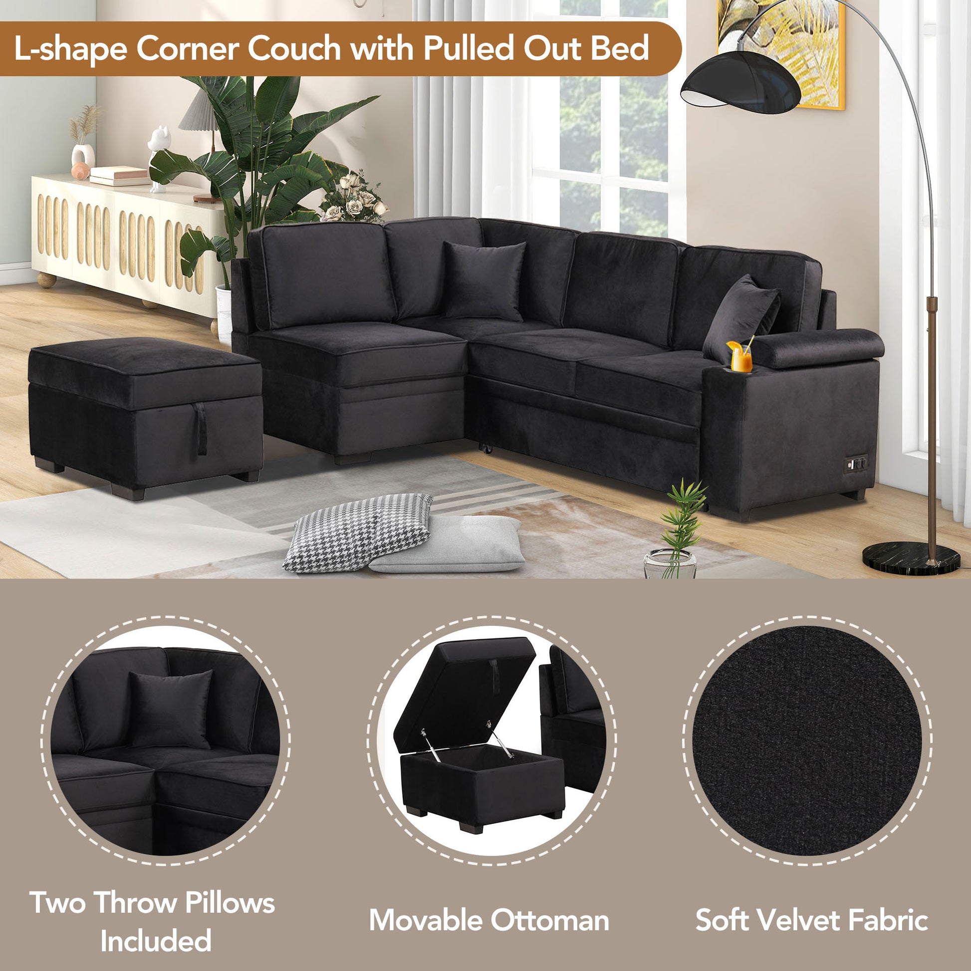 84.75" Sleeper Sofa Bed,2 In 1 Pull Out Sofa Bed L Shape Couch With Storage Ottoman For Living Room,Bedroom Couch And Small Apartment, Black Black Foam Velvet 4 Seat