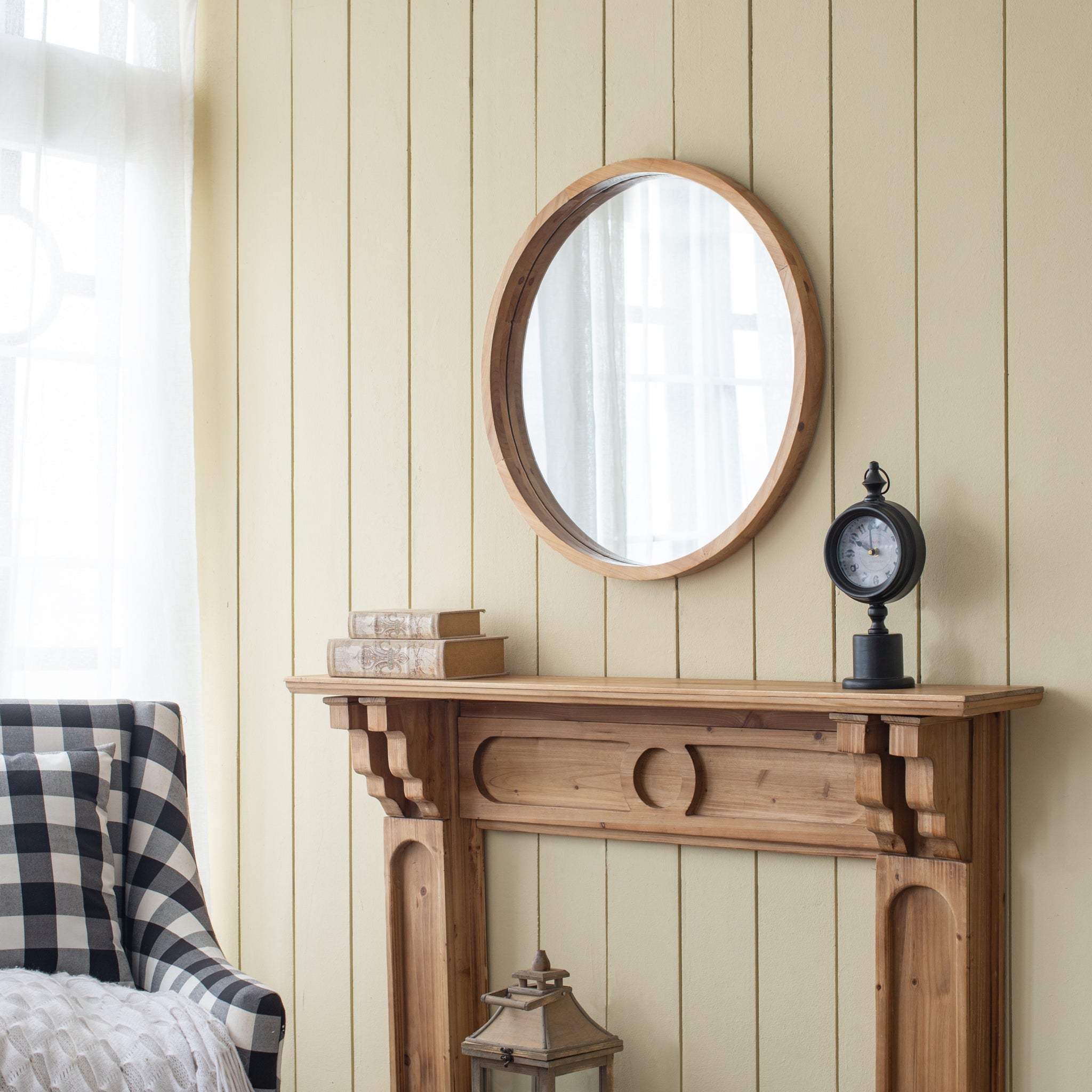 D28" Wood Round Mirror, Farmhouse Decor Style Circle Wall Mirror For Living Room Bathroom Entryway Brown Wood Glass