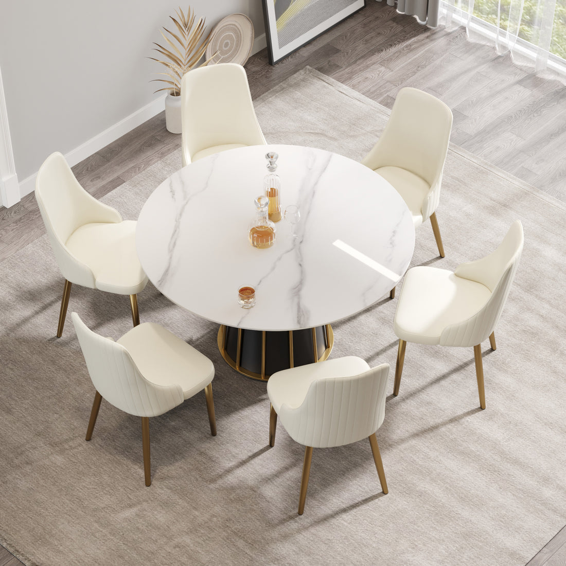 53.15"Modern Artificial Stone Round White Panel Metal Iron Base Dining Table Can Accommodate 6 People. Not Including Chairs White Dining Room Metal Sintered Stone