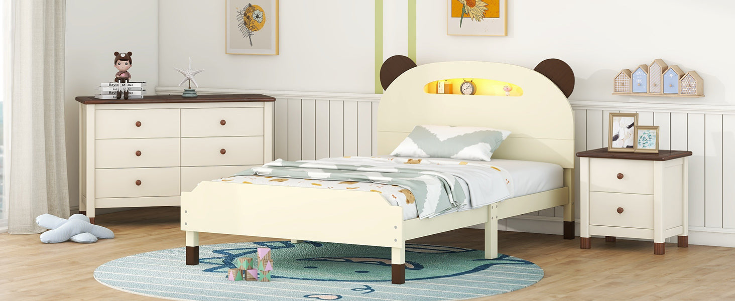 3 Pieces Bedroom Sets Twin Size Bear Shape Platform Bed With Nightstand And Storage Dresser,Cream Walnut Cream Wood