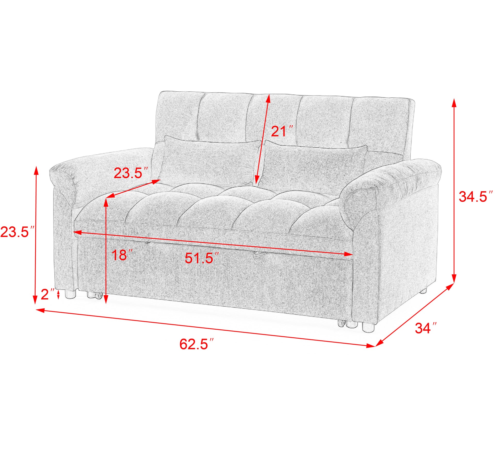 Loveseats Sofa Bed With Pull Out Bed,Adjsutable Back,Light Grey Grey Linen Wood Primary Living Space Medium Soft Tight Back Eucalyptus Pillow Top Arms Foam Linen 2 Seat
