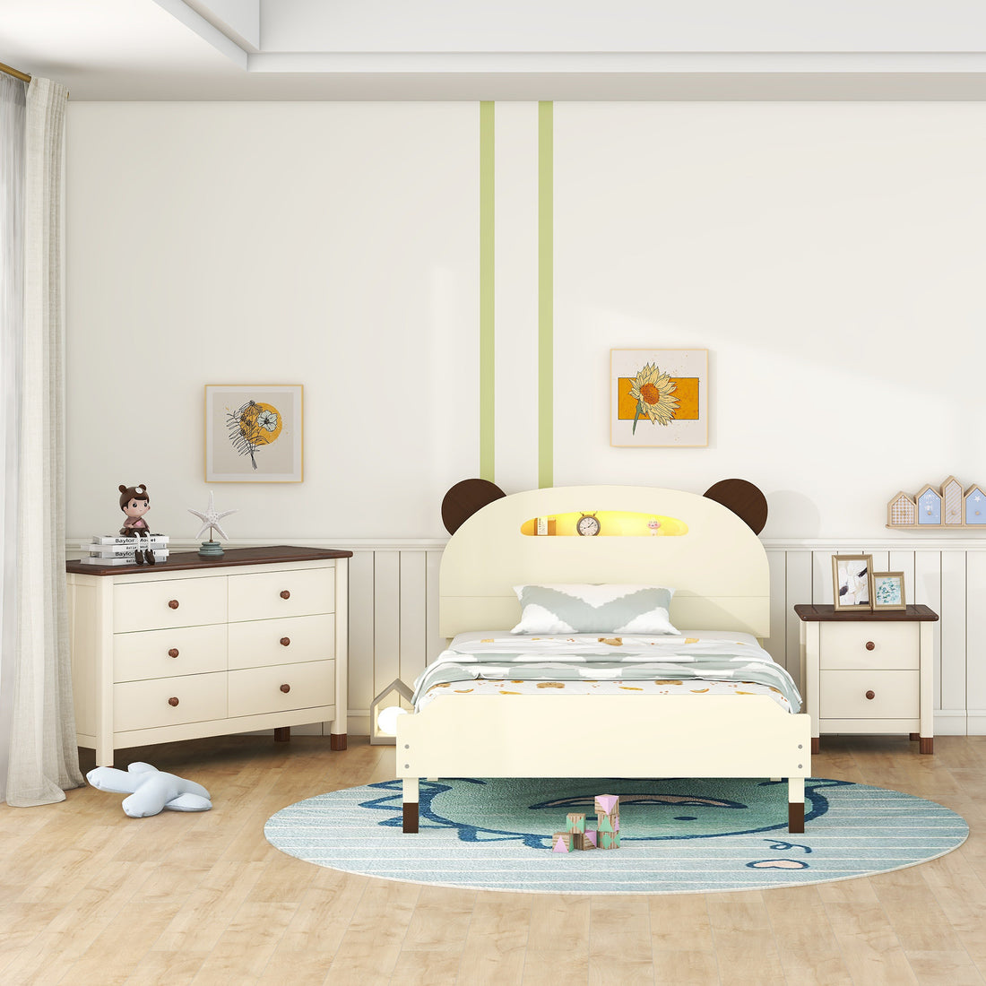 3 Pieces Bedroom Sets Twin Size Bear Shape Platform Bed With Nightstand And Storage Dresser,Cream Walnut Cream Wood