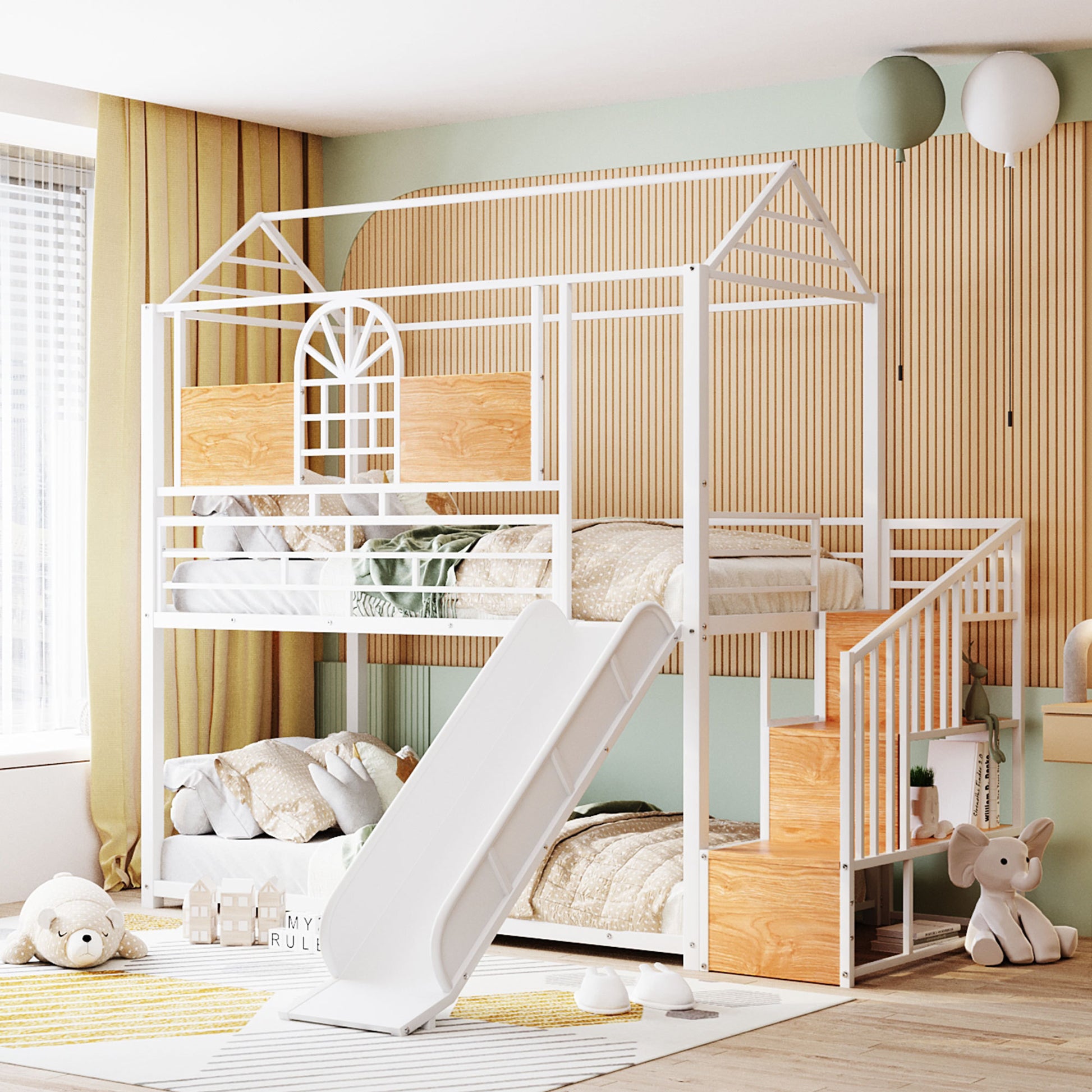 Twin Over Twin Metal Bunk Bed, Metal Housebed With Slide And Storage Stair, White With White Slide White Iron