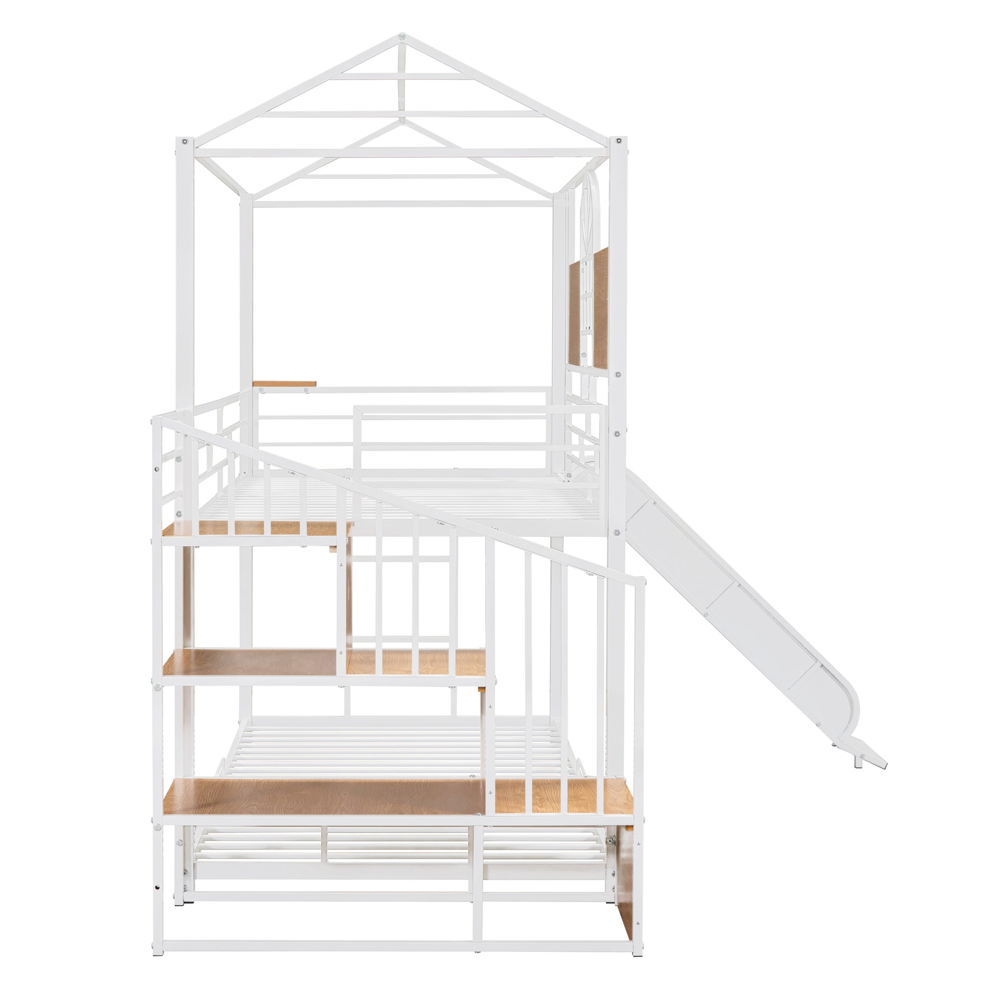 Twin Over Twin Metal Bunk Bed, Metal Housebed With Slide And Storage Stair, White With White Slide White Iron