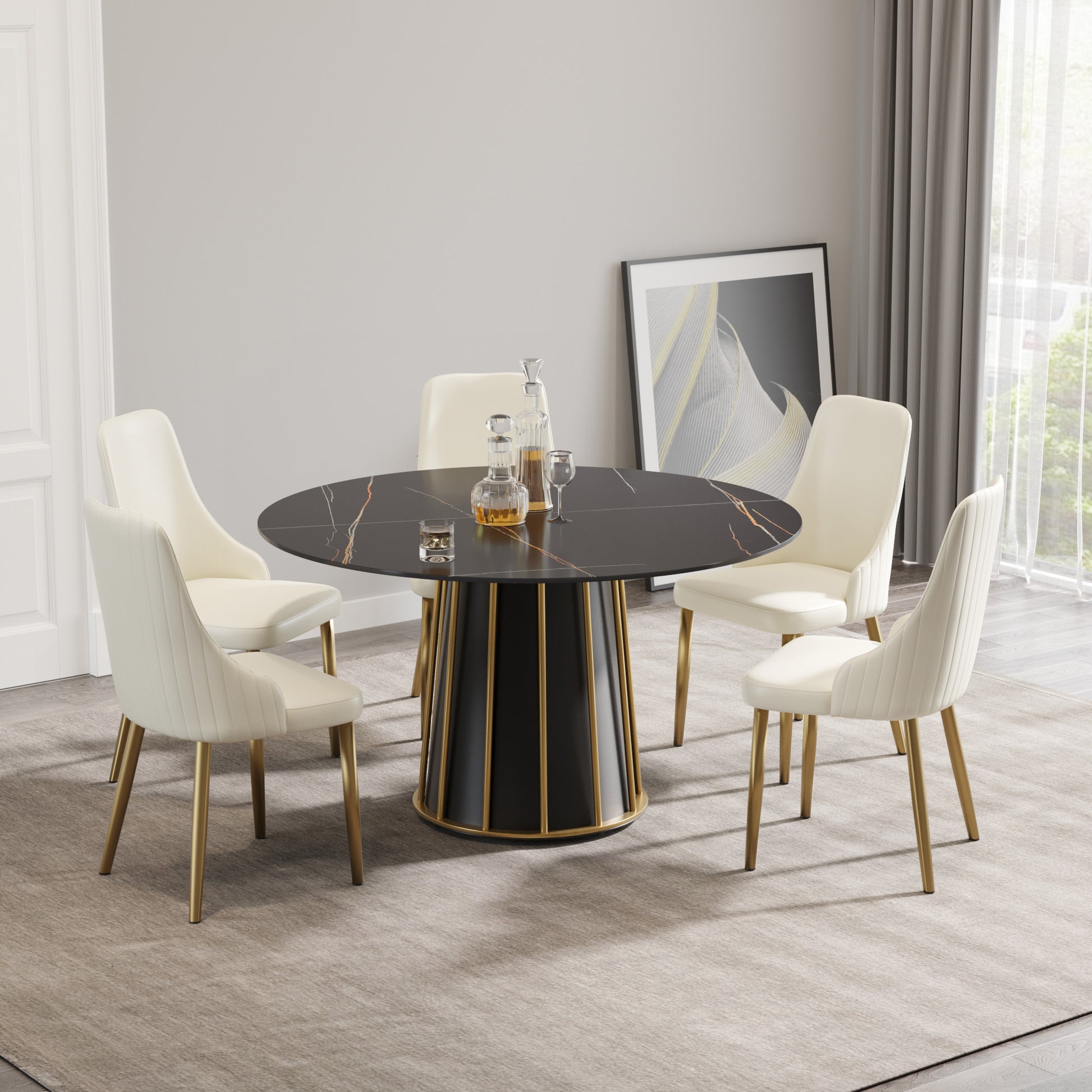 53.15"Modern Artificial Stone Round Black Metal Iron Base Dining Table Can Accommodate 6 People. Not Including Chairs. Black Dining Room Metal Sintered Stone