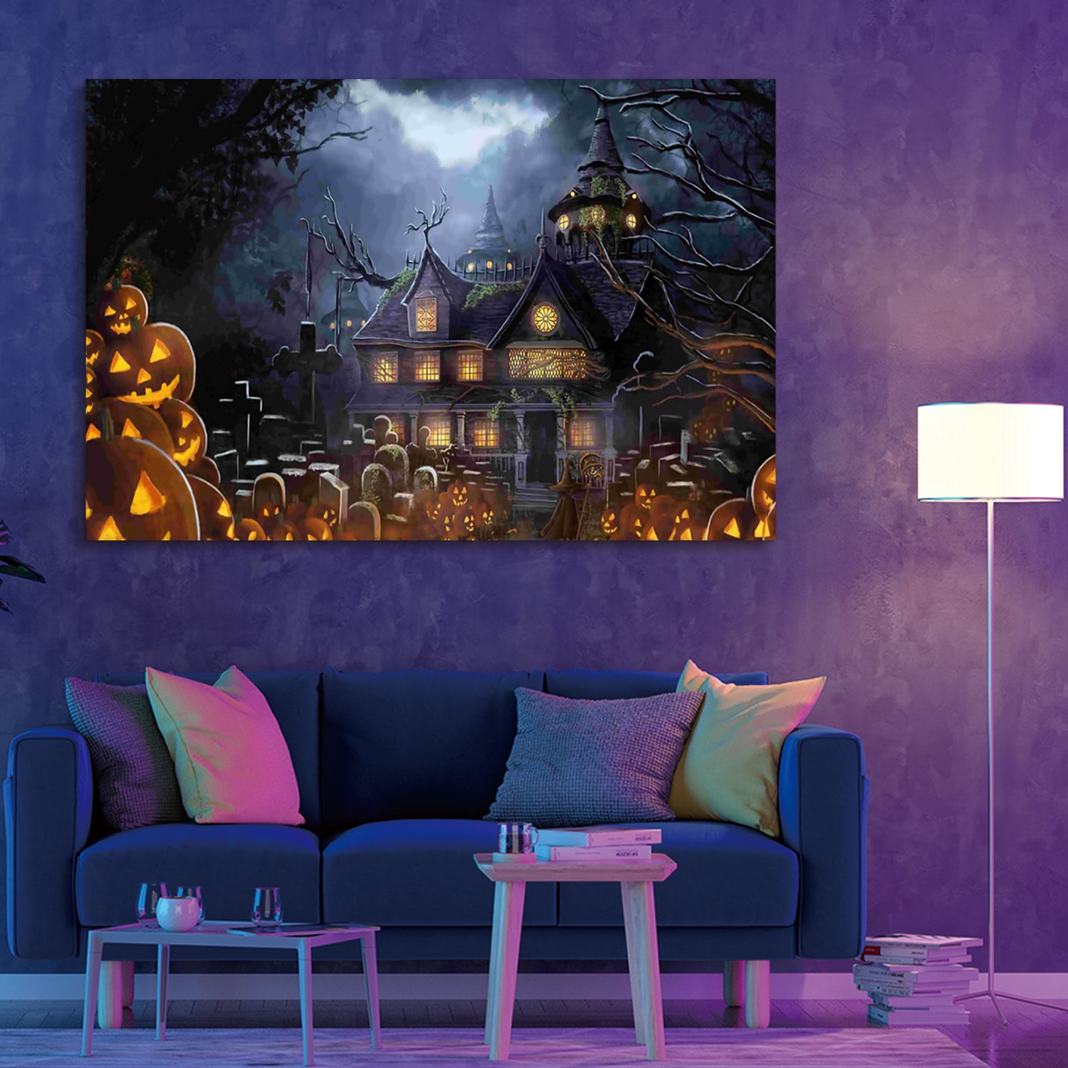 1Pcs Drop Ping Framed Canvas Wall Art Decor Painting For Halloween, Haunted Jack O Lanterns Farm Painting For Halloween Gift,3624In Thickness 1.5Inch Rectangle Framed Multicolor Halloween Oversized 41In Canvas Cultures And Diasporas