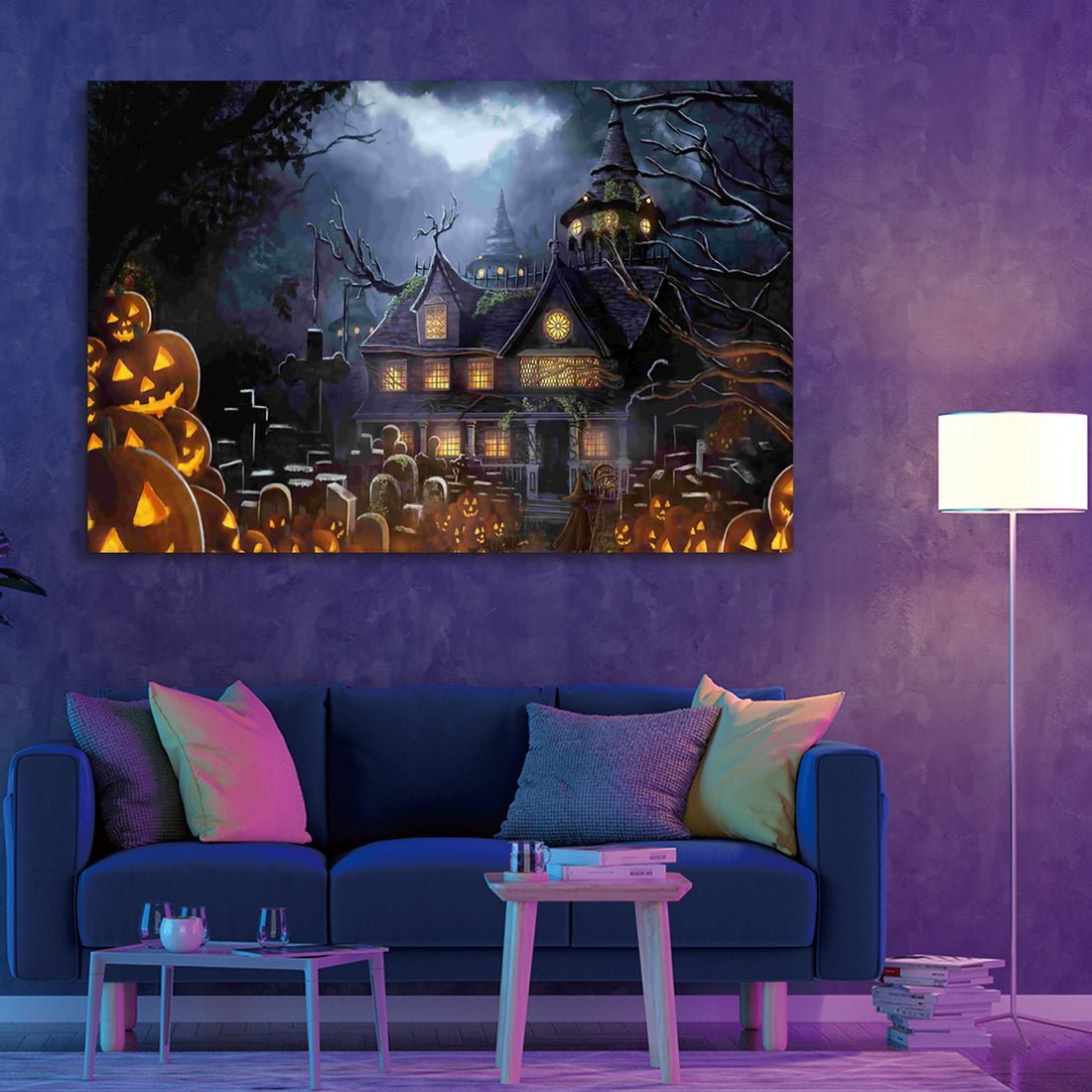 Drop Ping Framed Canvas Wall Art Decor Painting For Halloween, Haunted Jack O Lanterns Farm Painting For Halloween Gift, Decoration For Halloween Office Living Room, Bedroom Decor Ready To Hang Rectangle Framed Multicolor Halloween Oversized 41In Canvas