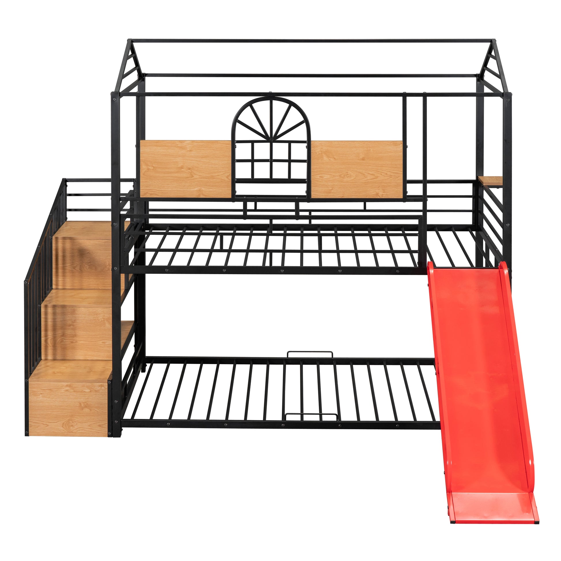 Twin Over Twin Metal Bunk Bed, Metal Housebed With Slide And Storage Stair, Black With Red Slide Black Iron