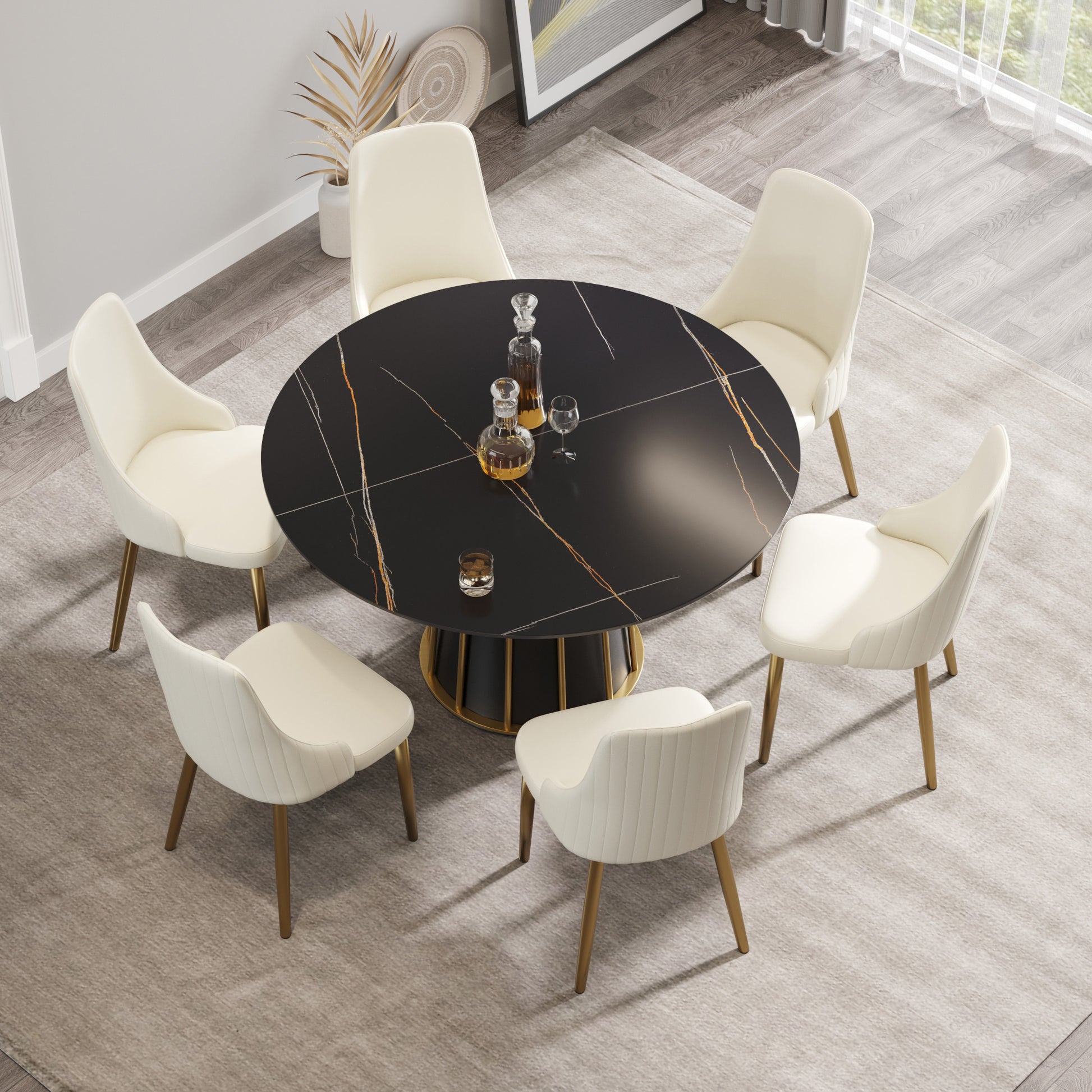 53.15"Modern Artificial Stone Round Black Metal Iron Base Dining Table Can Accommodate 6 People. Not Including Chairs. Black Dining Room Metal Sintered Stone