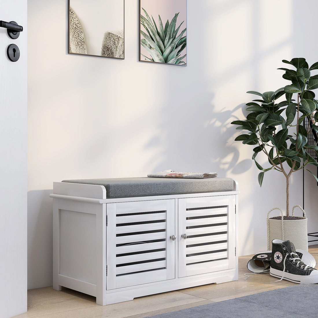 Shoe Storage Bench With Padded Seat Cushion, Entryway Bench With 2 Barn Doors White White Mdf