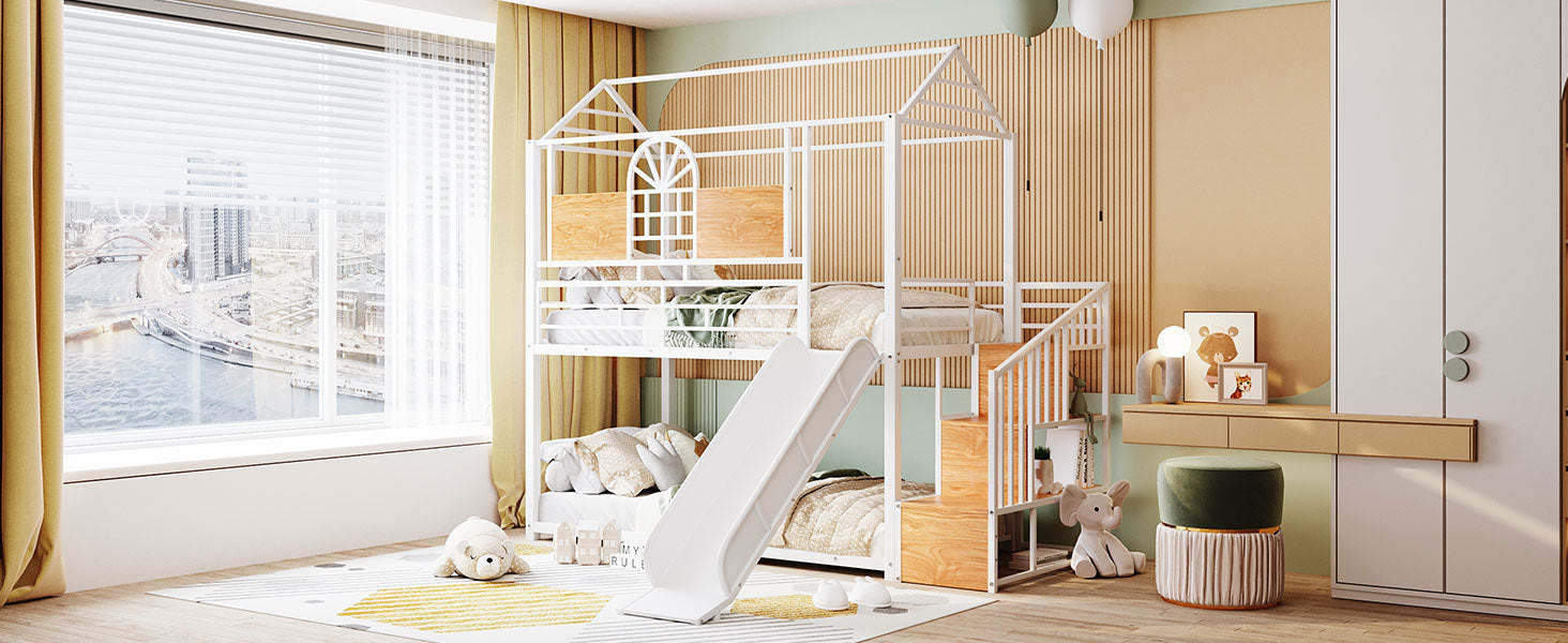 Twin Over Twin Metal Bunk Bed, Metal Housebed With Slide And Storage Stair, White With White Slide White Iron