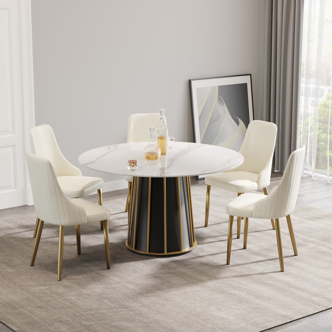 53.15"Modern Artificial Stone Round White Panel Metal Iron Base Dining Table Can Accommodate 6 People. Not Including Chairs White Dining Room Metal Sintered Stone