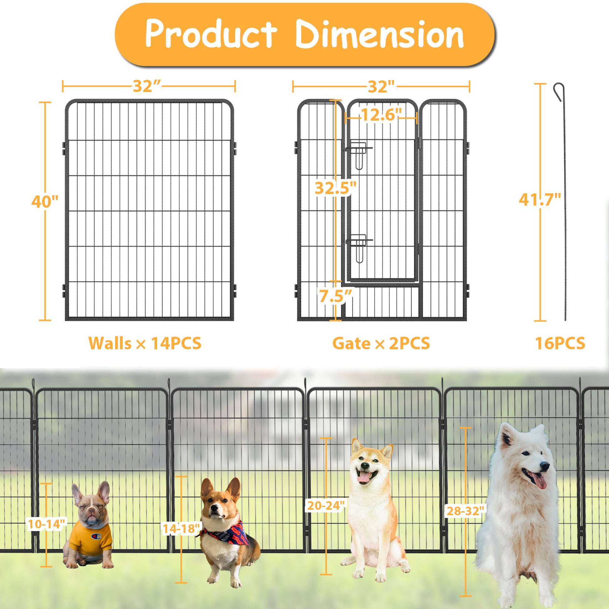 Dog Playpen Outdoor, 16 Panels Dog Pen 40" Height Dog Fence Exercise Pen With Doors For Large Medium Small Dogs, Portable Pet Playpen For Yard, Rv, Camping, Hammer Paint Finish Black Metal