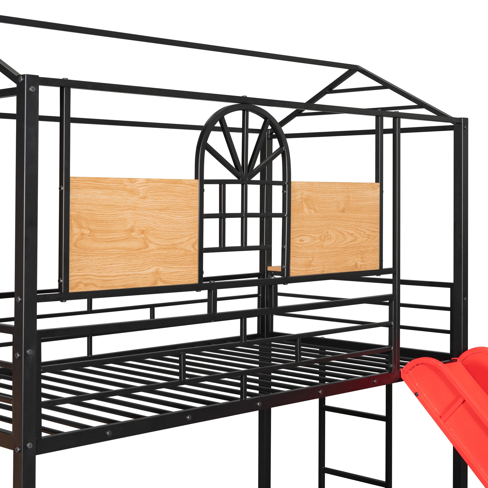 Twin Over Twin Metal Bunk Bed, Metal Housebed With Slide And Storage Stair, Black With Red Slide Black Iron