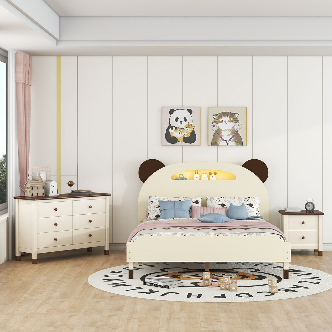 3 Pieces Bedroom Sets Full Size Bear Shape Platform Bed With Nightstand And Storage Dresser,Cream Walnut Cream Wood