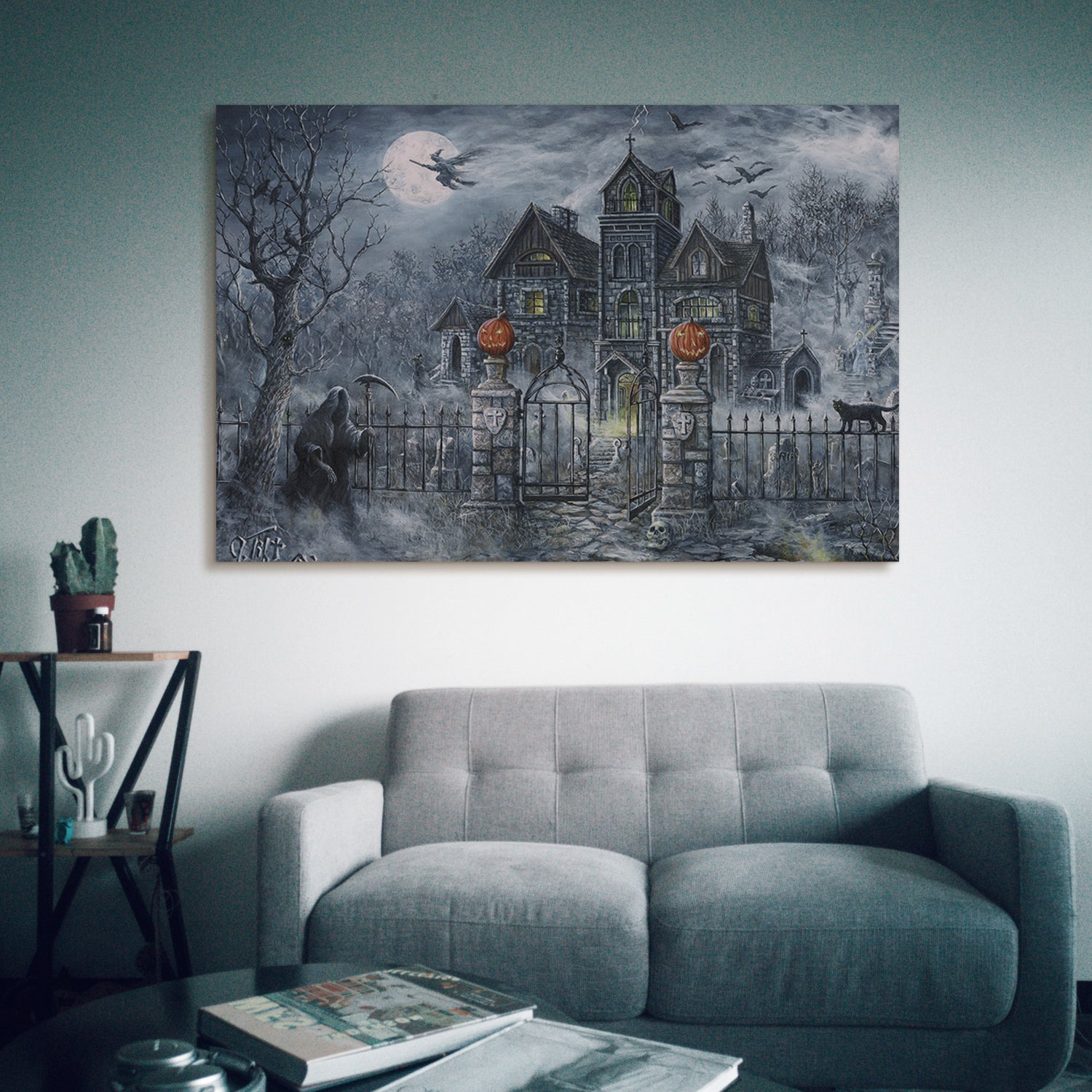 Drop Ping Framed Canvas Wall Art Decor Painting For Halloween, Haunted Ghost Hause Painting For Halloween Gift, Decoration For Halloween Office Living Room, Bedroom Decor Ready To Hang Rectangle Framed Multicolor Halloween Oversized 41In Canvas Cultures