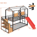 Twin Over Twin Metal Bunk Bed, Metal Housebed With Slide And Storage Stair, Black With Red Slide Black Iron