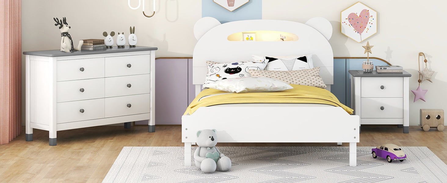 3 Pieces Bedroom Sets Twin Size Bear Shape Platform Bed With Nightstand And Storage Dresser,White Gray White Wood