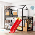 Twin Over Twin Metal Bunk Bed, Metal Housebed With Slide And Storage Stair, Black With Red Slide Black Iron