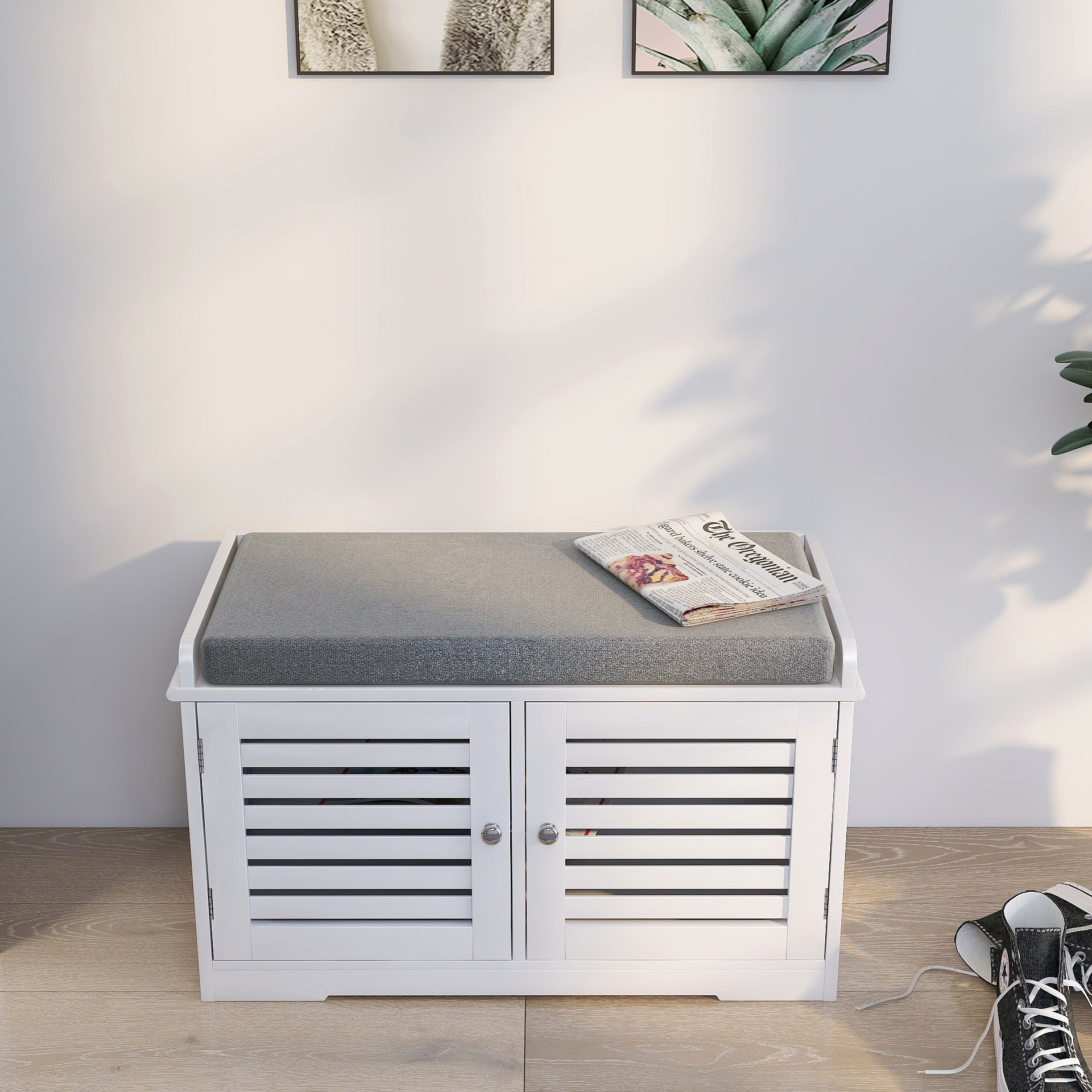 Shoe Storage Bench With Padded Seat Cushion, Entryway Bench With 2 Barn Doors White White Mdf