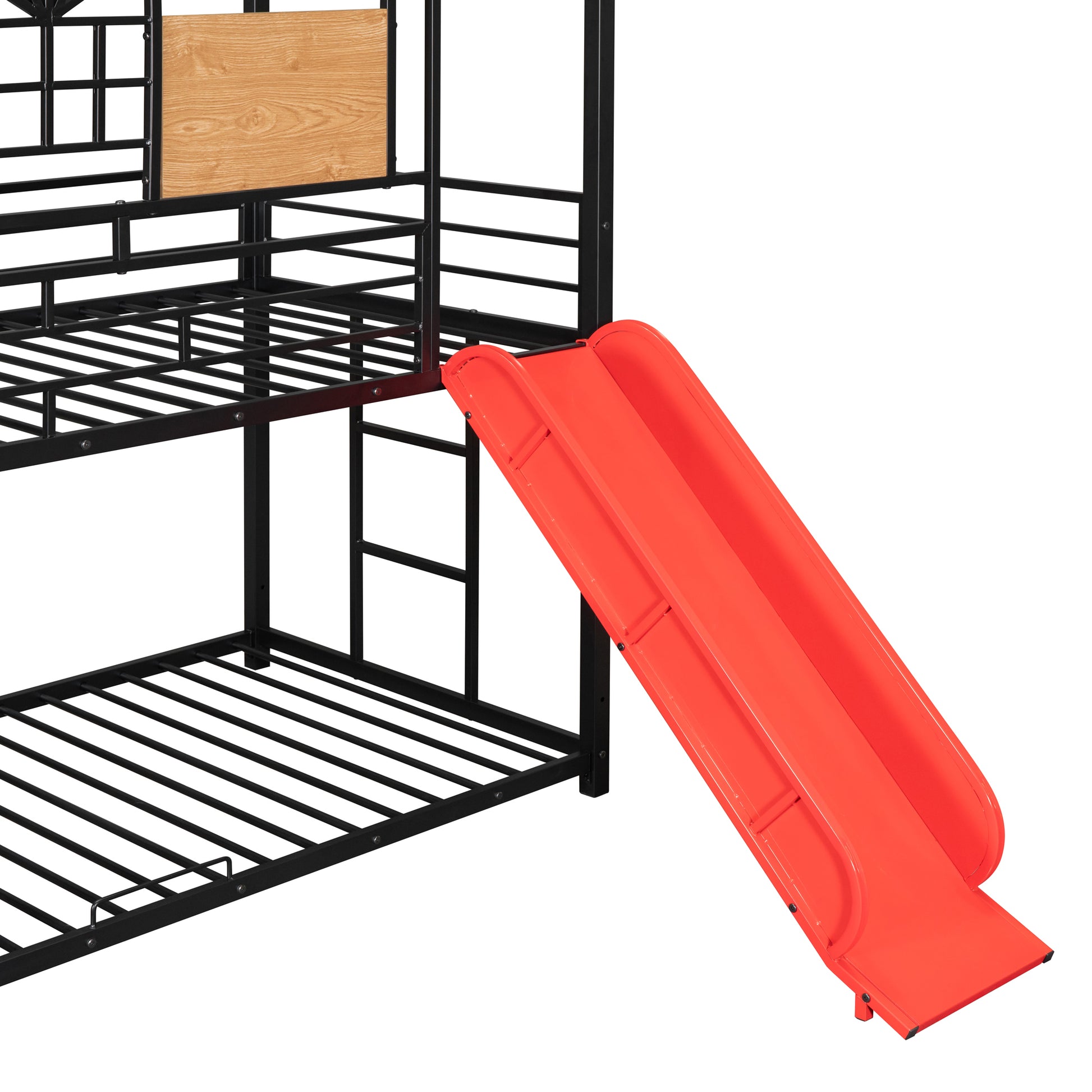 Twin Over Twin Metal Bunk Bed, Metal Housebed With Slide And Storage Stair, Black With Red Slide Black Iron