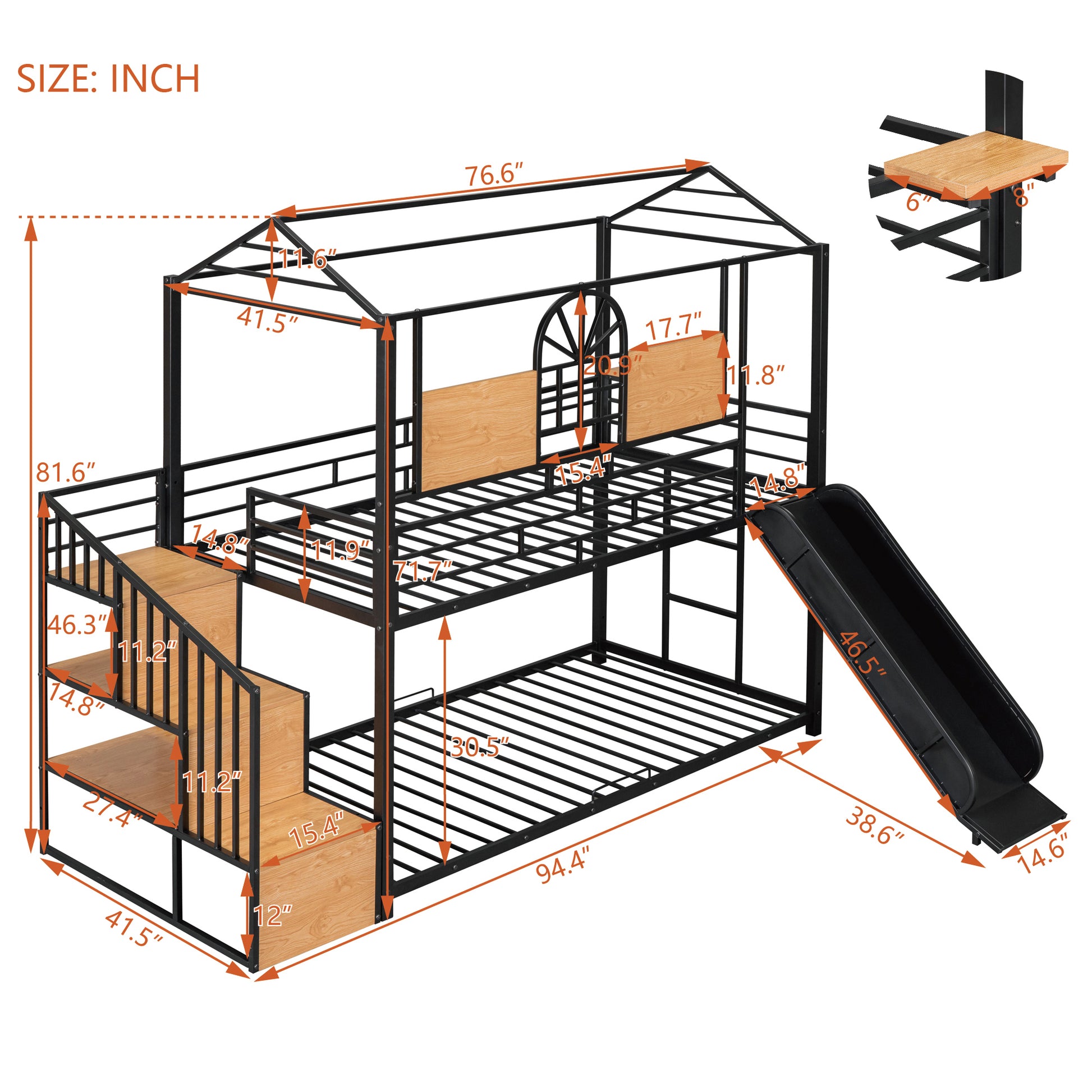 Twin Over Twin Metal Bunk Bed, Metal Housebed With Slide And Storage Stair, Black With Black Slide Black Iron