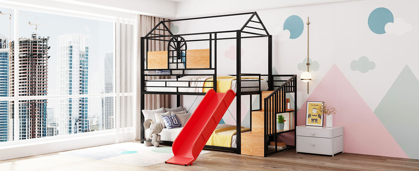 Twin Over Twin Metal Bunk Bed, Metal Housebed With Slide And Storage Stair, Black With Red Slide Black Iron