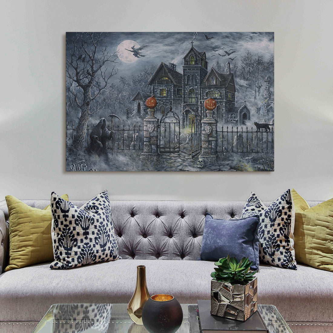 1Pcs Drop Ping Framed Canvas Wall Art Decor Painting For Halloween, Haunted Ghost Hause Painting For Halloween Gift,4028In Thickness 1.5Inch Rectangle Framed Multicolor Halloween Oversized 41In Canvas Cultures And Diasporas