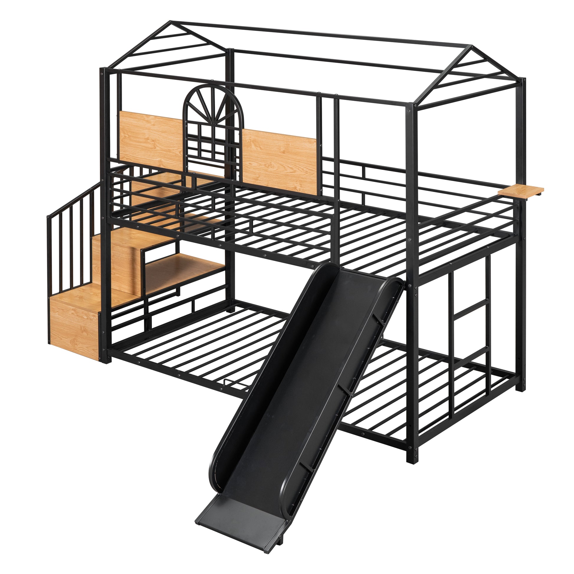 Twin Over Twin Metal Bunk Bed, Metal Housebed With Slide And Storage Stair, Black With Black Slide Black Iron