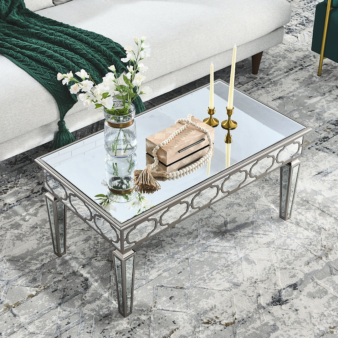Elegant Shiny Silver Mirror Coffee Table, Cocktail Table 39.5 "X 21.5" X 19.5 " Silver Folding Desk Top Dining Room American Design Automatic Floor Mount Corner Bookcase Kitchen & Dining Tables Laminated Glass H Shape