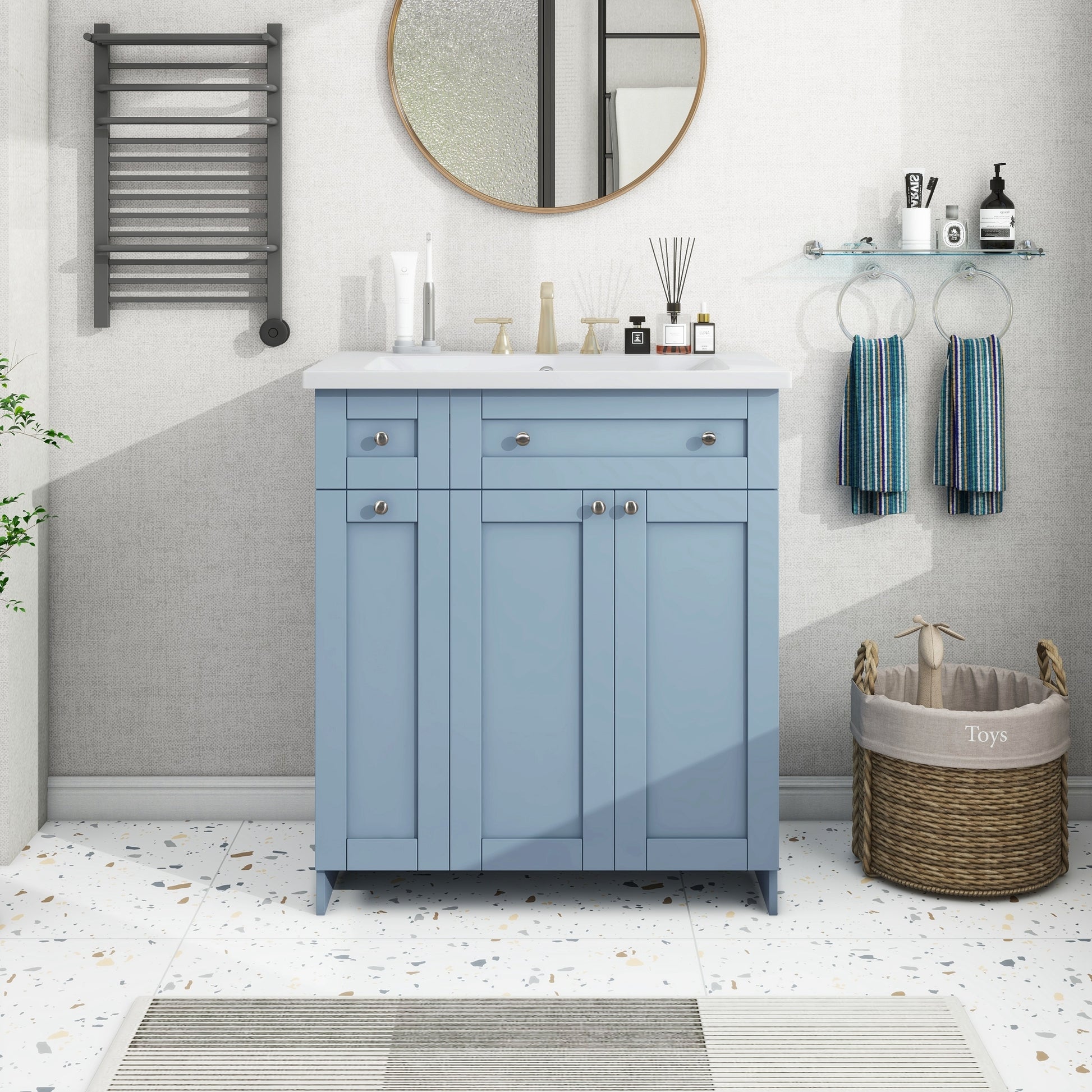 Modern 30 Inch Bathroom Vanity Cabinet With Easy To Clean Resin Integrated Sink In Blue Blue Mdf