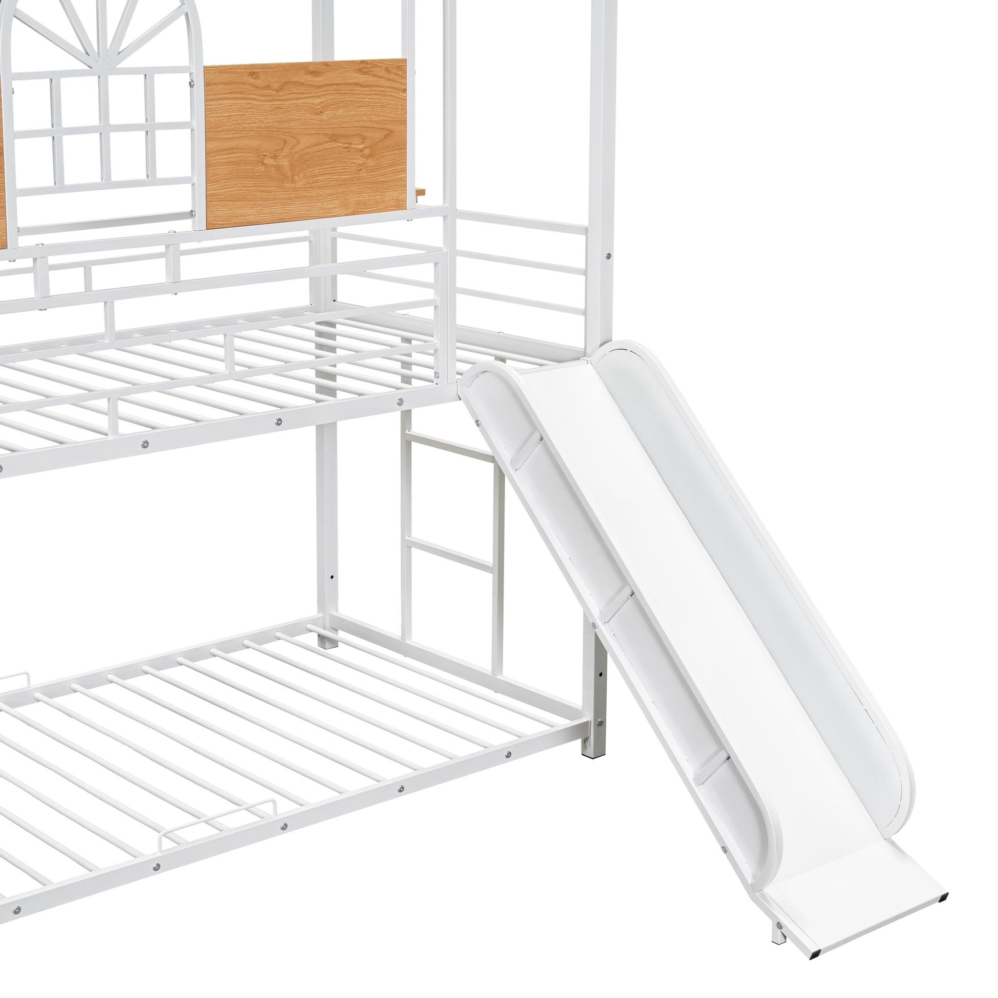 Twin Over Twin Metal Bunk Bed, Metal Housebed With Slide And Storage Stair, White With White Slide White Iron