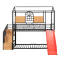 Twin Over Twin Metal Bunk Bed, Metal Housebed With Slide And Storage Stair, Black With Red Slide Black Iron