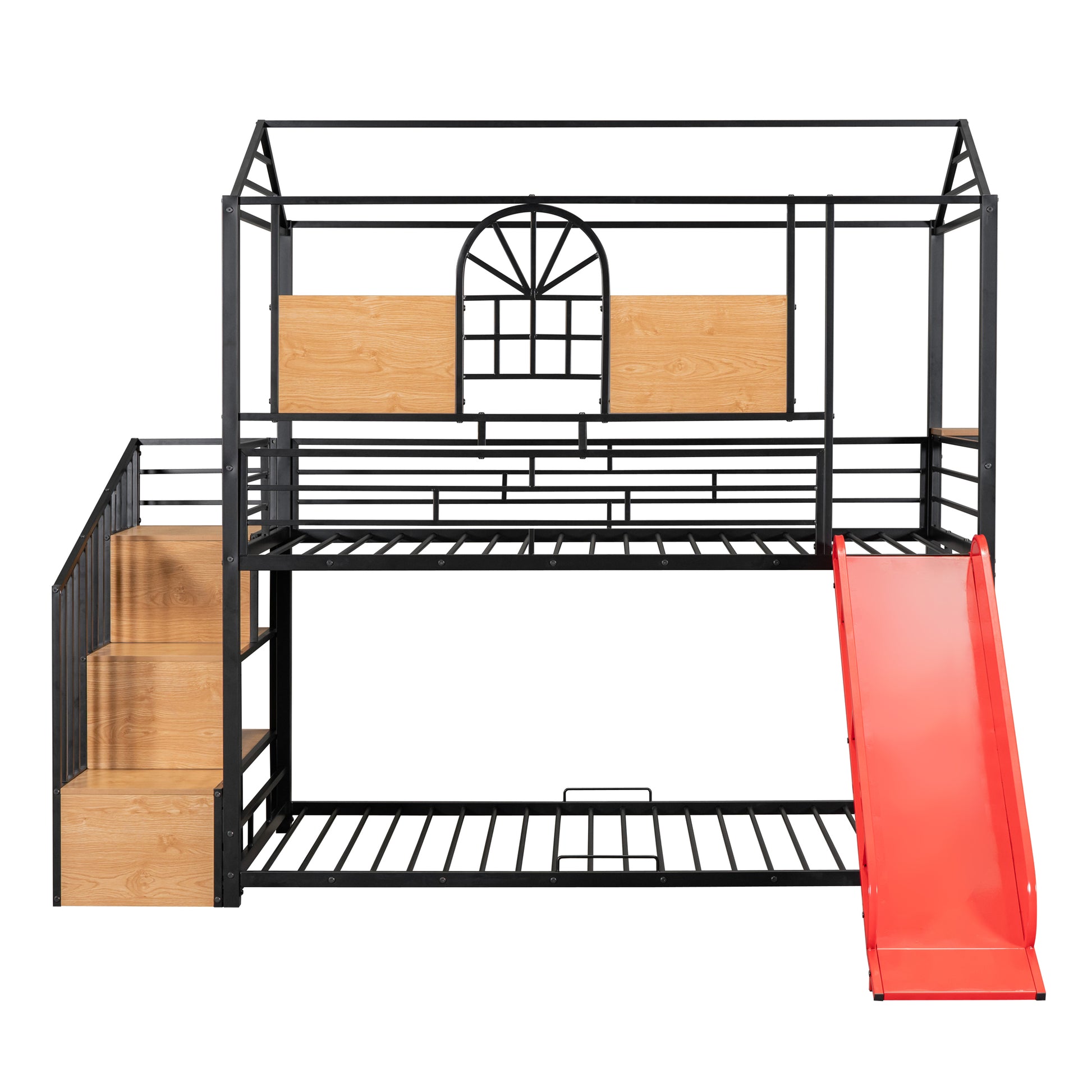 Twin Over Twin Metal Bunk Bed, Metal Housebed With Slide And Storage Stair, Black With Red Slide Black Iron