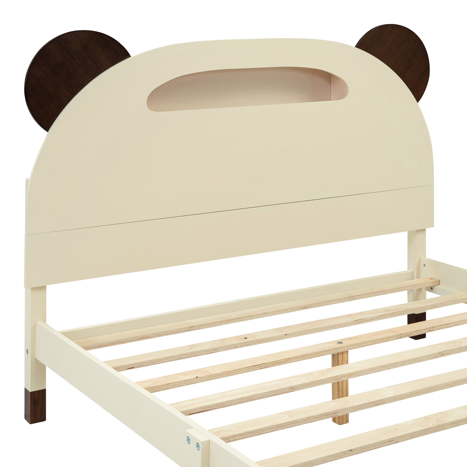 3 Pieces Bedroom Sets Full Size Bear Shape Platform Bed With Nightstand And Storage Dresser,Cream Walnut Cream Wood