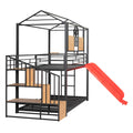 Twin Over Twin Metal Bunk Bed, Metal Housebed With Slide And Storage Stair, Black With Red Slide Black Iron