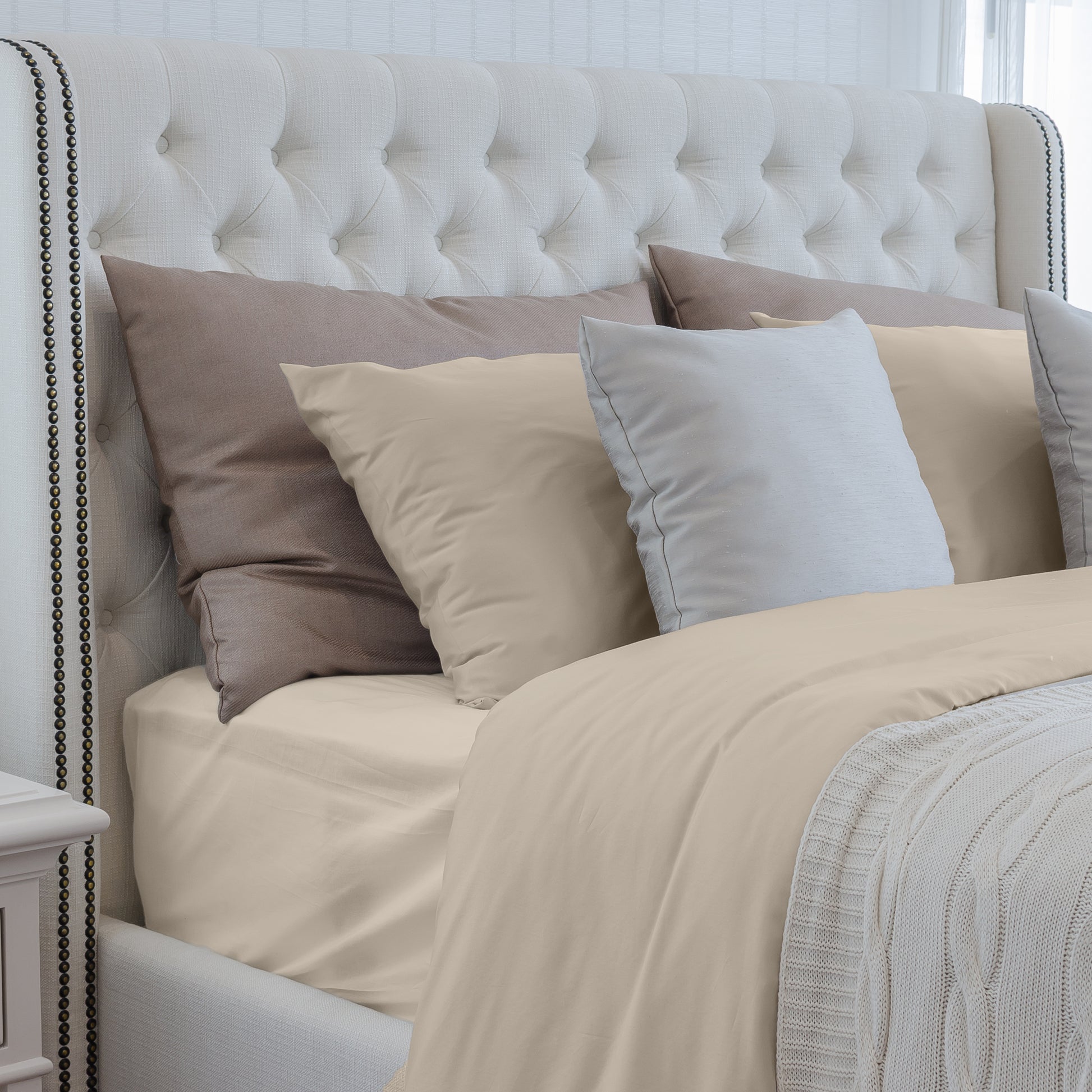 Luxuriously Soft 100% Viscose Derived From Bamboo 4 Piece Sheet Setoeko Tex Certified, Full Linen Light Khaki Beige Bamboo