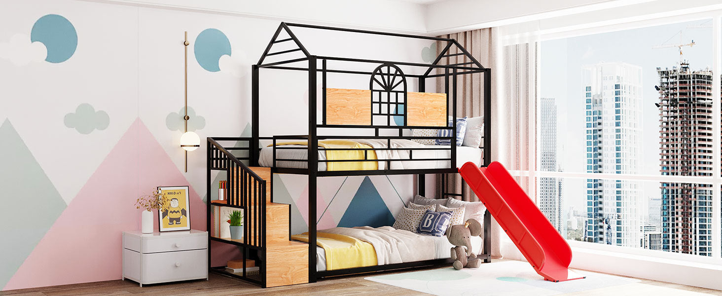 Twin Over Twin Metal Bunk Bed, Metal Housebed With Slide And Storage Stair, Black With Red Slide Black Iron