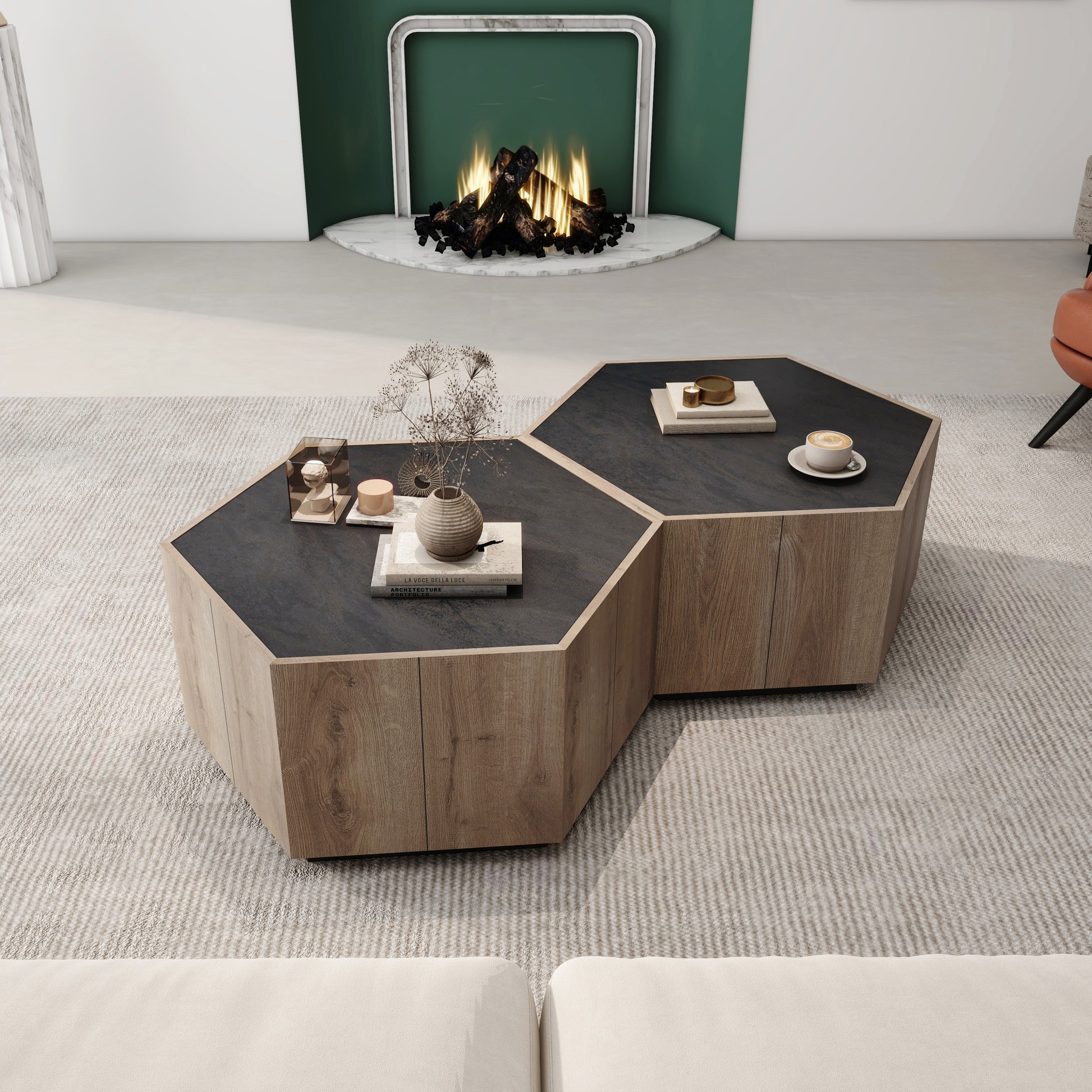 Hexagonal Rural Style Garden Retro Living Room Coffee Table With 2 Drawers, Textured Black Warm Oak Light Oak Particle Board