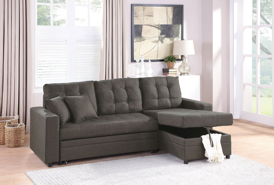 Sectional In Black Faux Leather Black Fabric