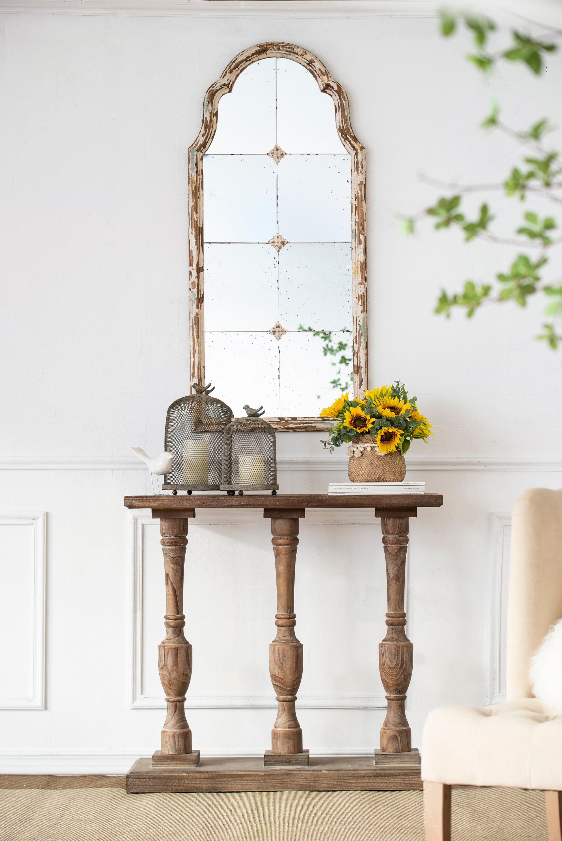 22" X 48" Large Cream & Gold Framed Wall Mirror, Wood Arched Mirror With Decorative Window Look For Living Room, Bathroom, Entryway Cream Wood