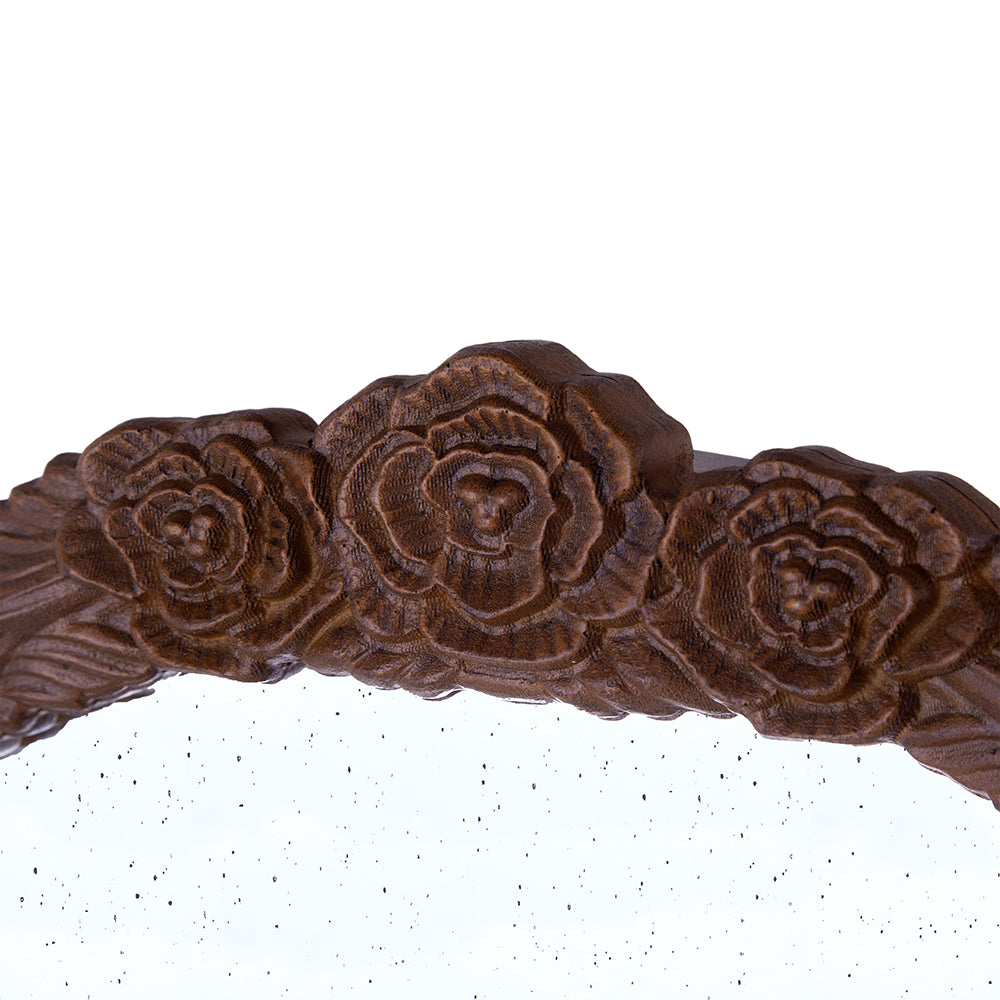 23" X 42" Hand Carved Rose Antique Mirror Frame, Wood Arch Mirror Wall Decor For Living Room, Bathroom, Entryway Brown Brown Mdf Glass