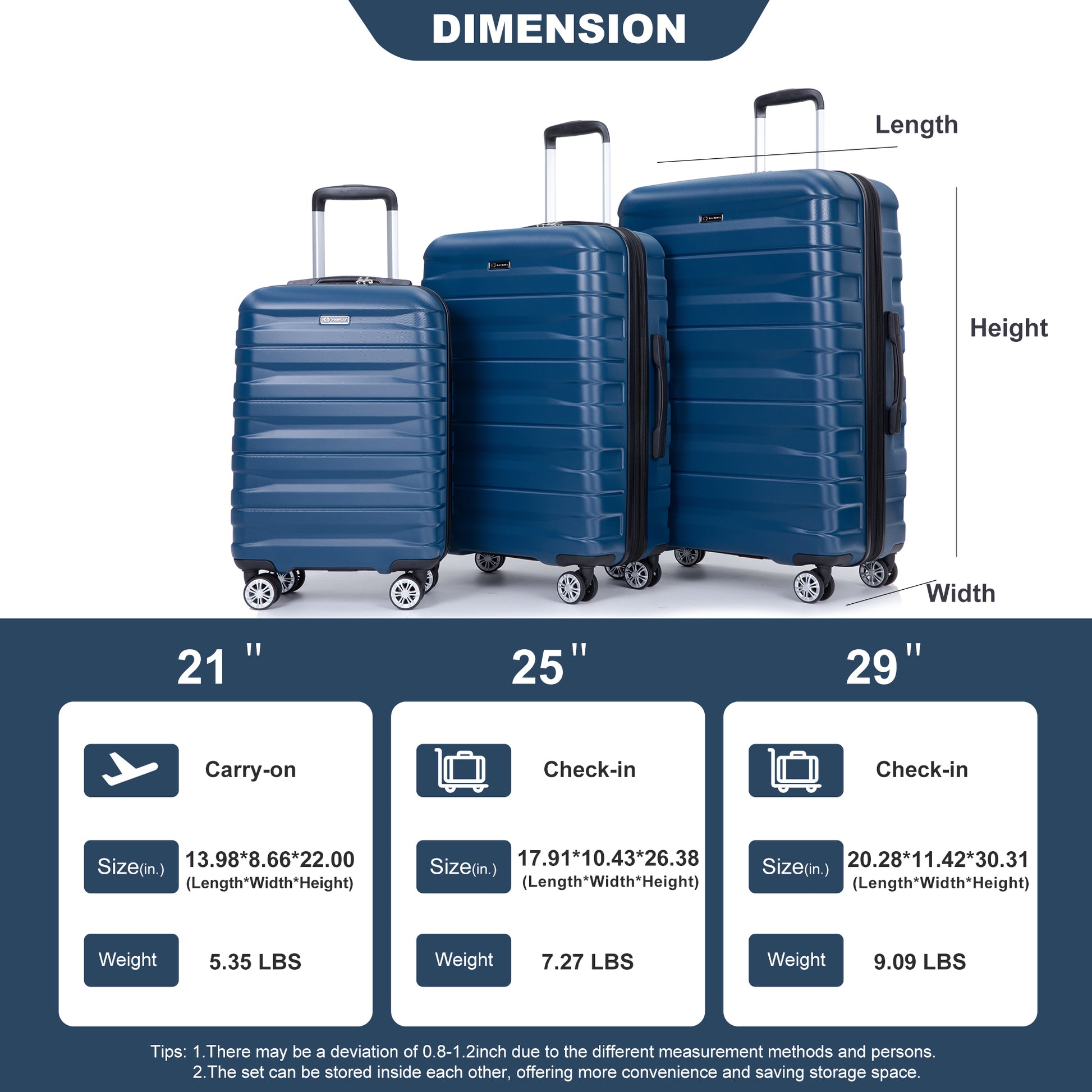 3 Piece Luggage Sets Pc Lightweight & Durable Expandable Suitcase With Two Hooks, Double Spinner Wheels, Tsa Lock, 21 25 29 Dark Blue Dark Blue Pc